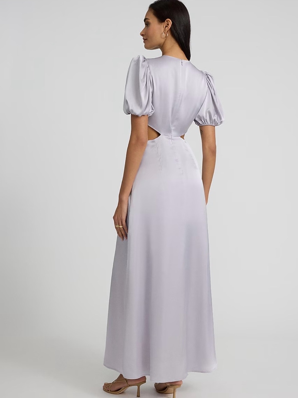 Satin V-Neck Puff Sleeve Tie Front Cutout Maxi Dress - Picture 2 of 6